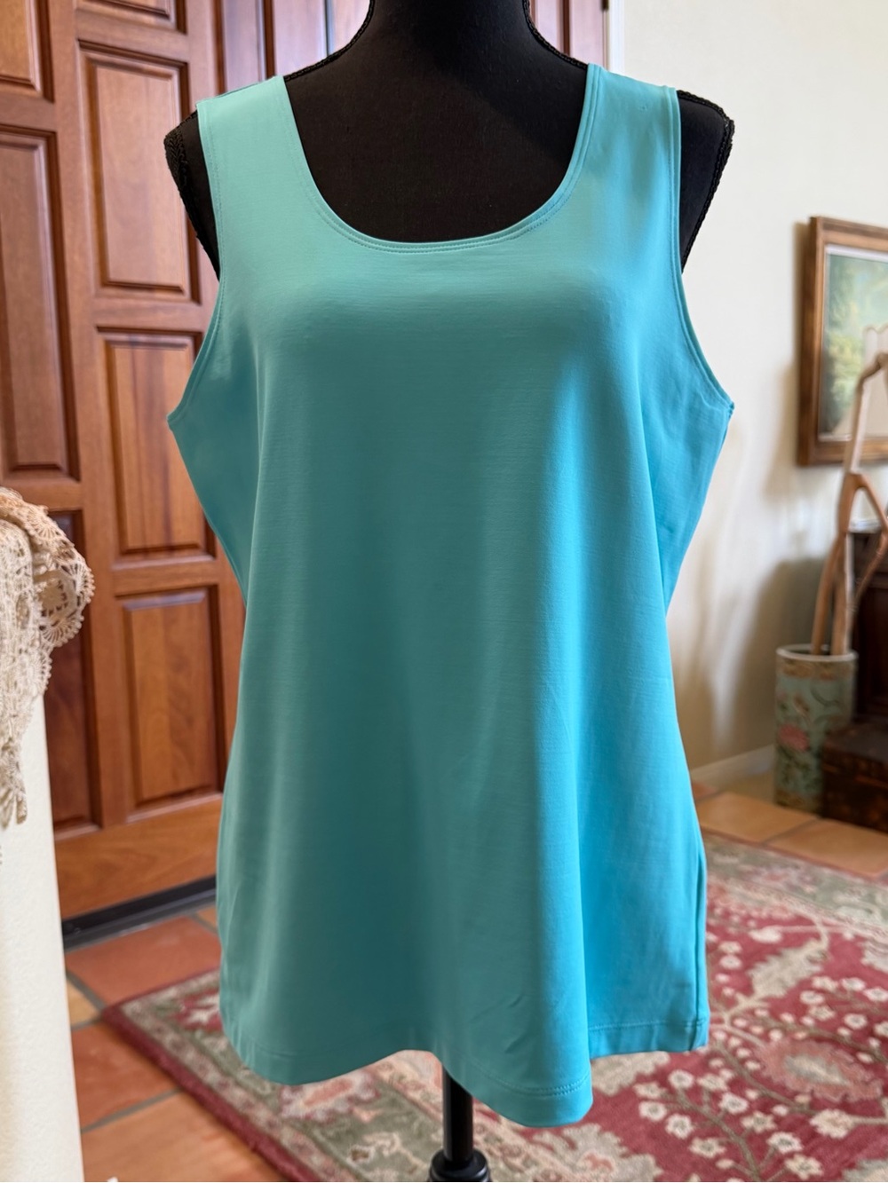 Peck & Peck Essentials Turquoise Sleeveless Top Size L Scoop Neck Stretch